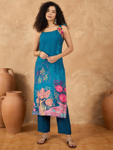 Varanga Women Spaghetti Tie Up Strap Straight Floral Kurta With Trousers And Dupatta