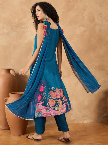 Varanga Women Spaghetti Tie Up Strap Straight Floral Kurta With Trousers And Dupatta