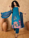 Varanga Women Spaghetti Tie Up Strap Straight Floral Kurta With Trousers And Dupatta