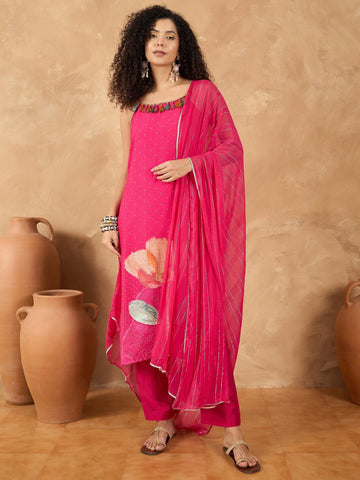 Varanga Women Spaghetti Strap Floral Kurta Featuring Tassles With Trousers And Dupatta