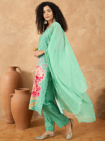 Varanga Women Spaghetti Strap Straight Floral Kurta With Trousers And Dupatta