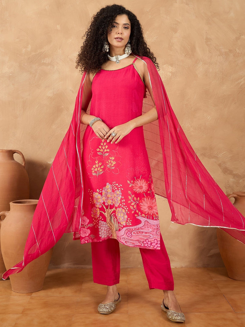 Varanga Women Spaghetti Tie Up Strap Floral Kurta Featuring Tassles With Trousers And Dupatta