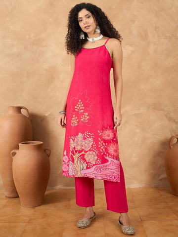 Varanga Women Spaghetti Tie Up Strap Floral Kurta Featuring Tassles With Trousers And Dupatta