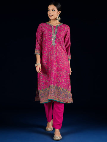 Varanga Fuchsia Ethnic Printed Straight Kurta With Lace Round Neck, Paired With Solid Trousers And A Printed Dupatta.