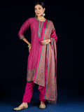 Varanga Fuchsia Ethnic Printed Straight Kurta With Lace Round Neck, Paired With Solid Trousers And A Printed Dupatta.