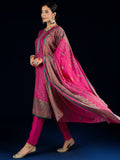 Varanga Fuchsia Ethnic Printed Straight Kurta With Lace Round Neck, Paired With Solid Trousers And A Printed Dupatta.