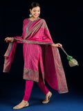 Varanga Fuchsia Ethnic Printed Straight Kurta With Lace Round Neck, Paired With Solid Trousers And A Printed Dupatta.