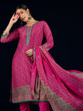 Varanga Fuchsia Ethnic Printed Straight Kurta With Lace Round Neck, Paired With Solid Trousers And A Printed Dupatta.
