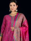 Varanga Fuchsia Ethnic Printed Straight Kurta With Lace Round Neck, Paired With Solid Trousers And A Printed Dupatta.