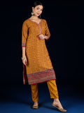 Varanga Ethnic Printed Straight Kurta With Lace Round Neck, Paired With Solid Trousers And A Printed Dupatta.