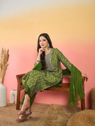 Varanga Kurta With Zari-Embroidered Yoke, Paired With Trousers And A Solid Lace-Detailed Dupatta .