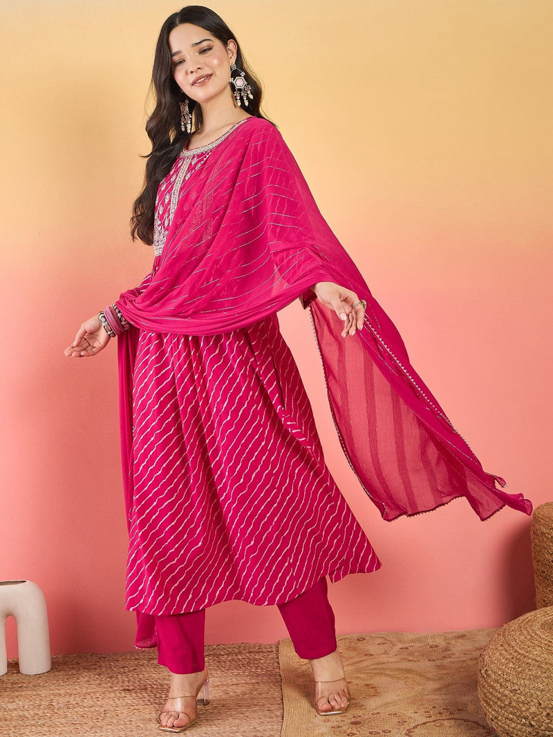 Varanga Bandhani-Printed Fuchsia Anarkali With Zari-Embroidered Yoke, Paired With Solid Trousers And Dupatta .