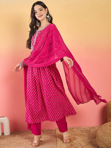 Varanga Bandhani-Printed Fuchsia Anarkali With Zari-Embroidered Yoke, Paired With Solid Trousers And Dupatta .