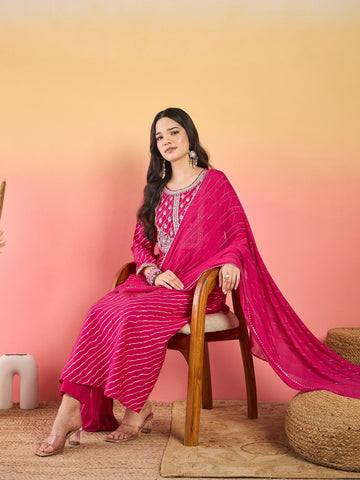 Varanga Bandhani-Printed Fuchsia Anarkali With Zari-Embroidered Yoke, Paired With Solid Trousers And Dupatta .