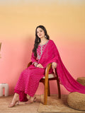 Varanga Bandhani-Printed Fuchsia Anarkali With Zari-Embroidered Yoke, Paired With Solid Trousers And Dupatta .