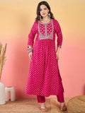Varanga Bandhani-Printed Fuchsia Anarkali With Zari-Embroidered Yoke, Paired With Solid Trousers And Dupatta .