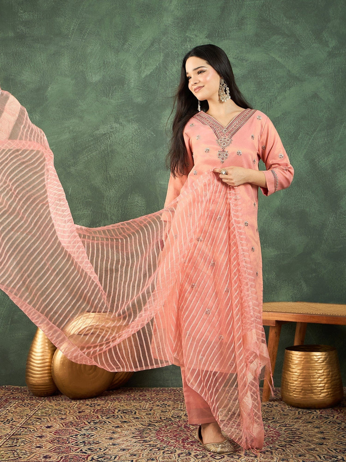 Varanga Zari-Embroidered Kurta Paired With Solid Trousers And A Tonal Dupatta .