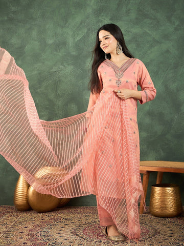 Varanga Zari-Embroidered Kurta Paired With Solid Trousers And A Tonal Dupatta .