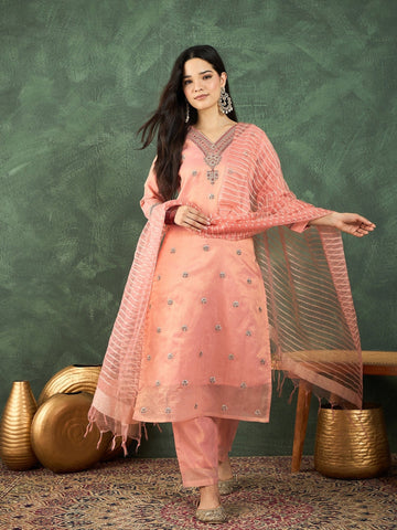 Varanga Zari-Embroidered Kurta Paired With Solid Trousers And A Tonal Dupatta .