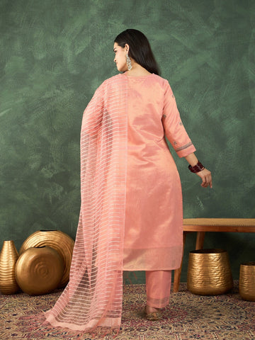 Varanga Zari-Embroidered Kurta Paired With Solid Trousers And A Tonal Dupatta .