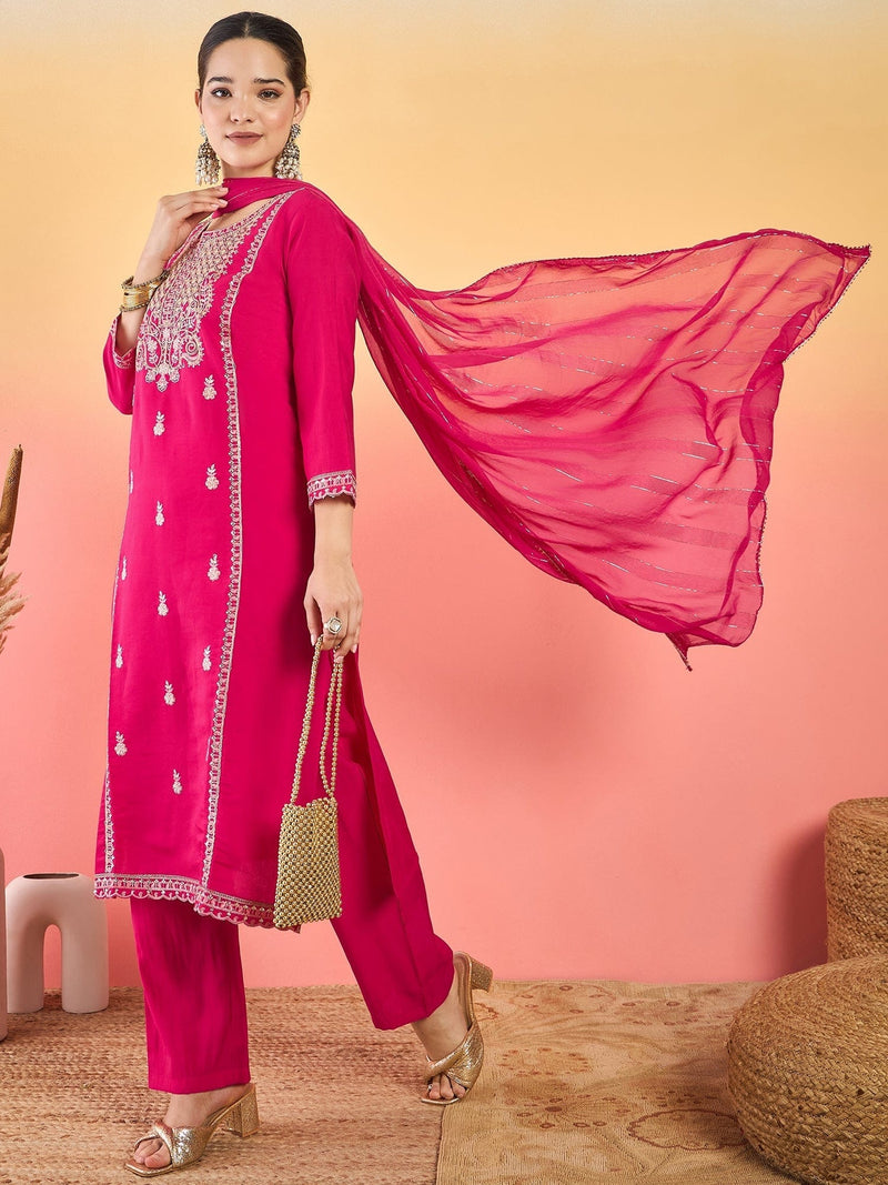 Varanga Kurta Adorned With Thread Embroidery, Teamed With Trousers And Paired With Dupatta Featuring Lace Detailing