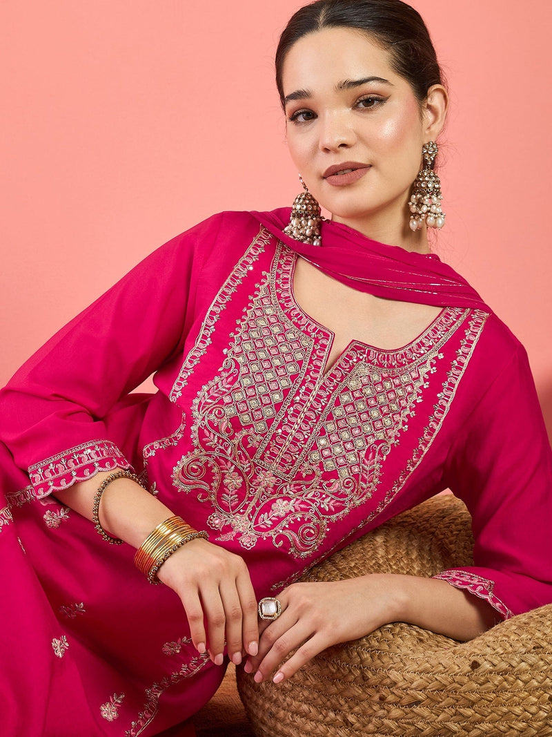 Varanga Kurta Adorned With Thread Embroidery, Teamed With Trousers And Paired With Dupatta Featuring Lace Detailing