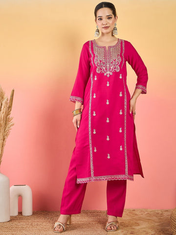 Varanga Kurta Adorned With Thread Embroidery, Teamed With Trousers And Paired With Dupatta Featuring Lace Detailing