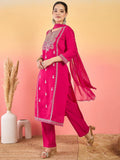 Varanga Kurta Adorned With Thread Embroidery, Teamed With Trousers And Paired With Dupatta Featuring  Lace Detailing