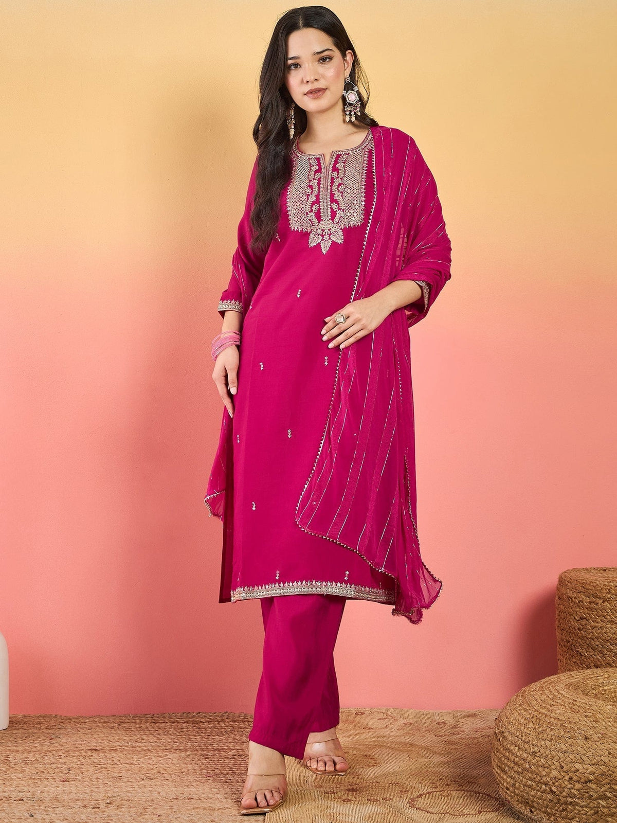 Varanga Kurta Adorned With Thread Embroidery, Teamed With Trousers And Paired With Dupatta With And Lace Detailing
