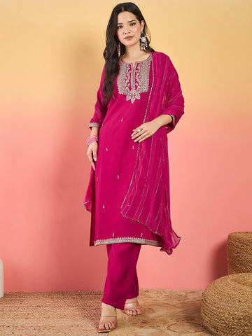 Varanga Kurta Adorned With Thread Embroidery, Teamed With Trousers And Paired With Dupatta With And Lace Detailing