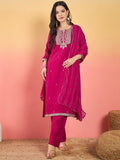 Varanga Kurta Adorned With Thread Embroidery, Teamed With Trousers And Paired With Dupatta With And Lace Detailing
