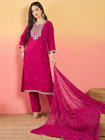 Varanga Kurta Adorned With Thread Embroidery, Teamed With Trousers And Paired With Dupatta With And Lace Detailing