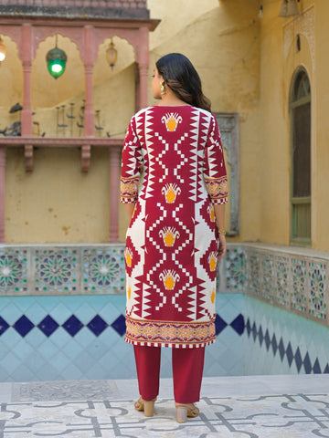 Vibrant Ikat Printed Kurta Ensemble with Straight Trousers and Dupatta