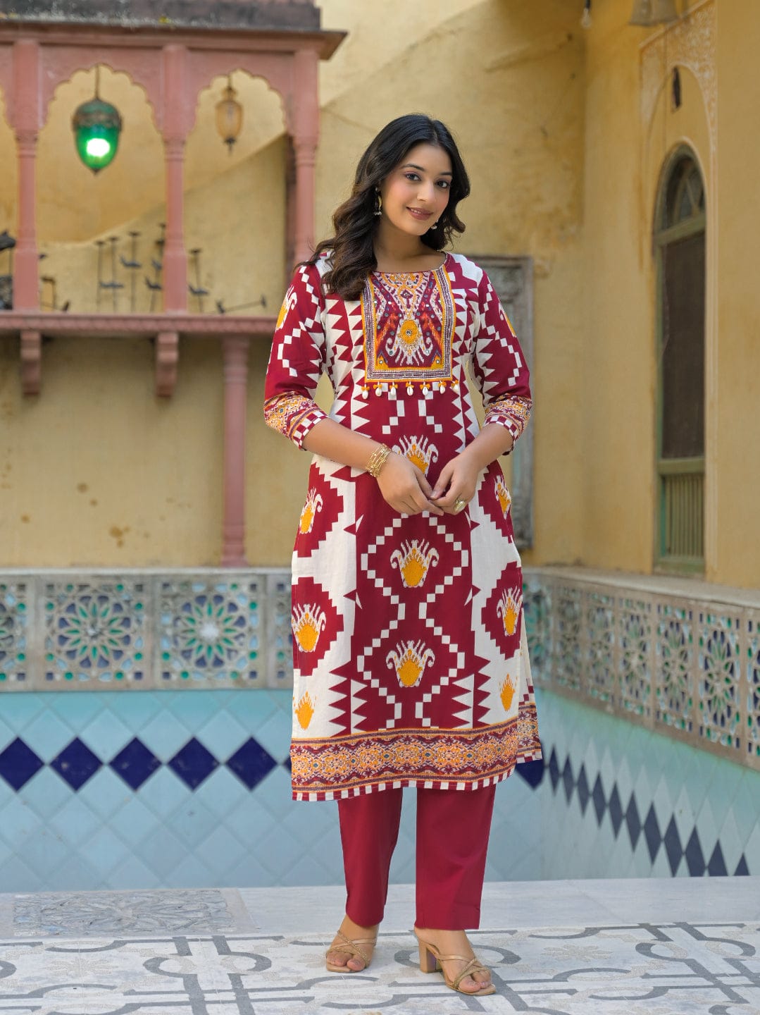 Vibrant Ikat Printed Kurta Ensemble with Straight Trousers and Dupatta