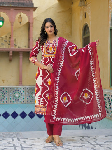 Vibrant Ikat Printed Kurta Ensemble with Straight Trousers and Dupatta