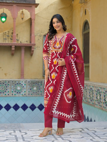 Vibrant Ikat Printed Kurta Ensemble with Straight Trousers and Dupatta