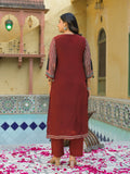 Maroon Straight-Fit Kurta Set with Mirror-Sequin Yoke, Seashell Tassels, Dupatta & Trousers