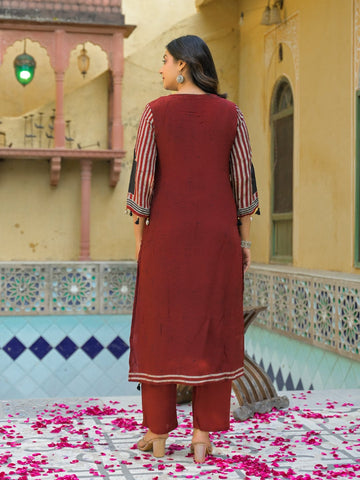 Maroon Straight-Fit Kurta Set with Mirror-Sequin Yoke, Seashell Tassels, Dupatta & Trousers