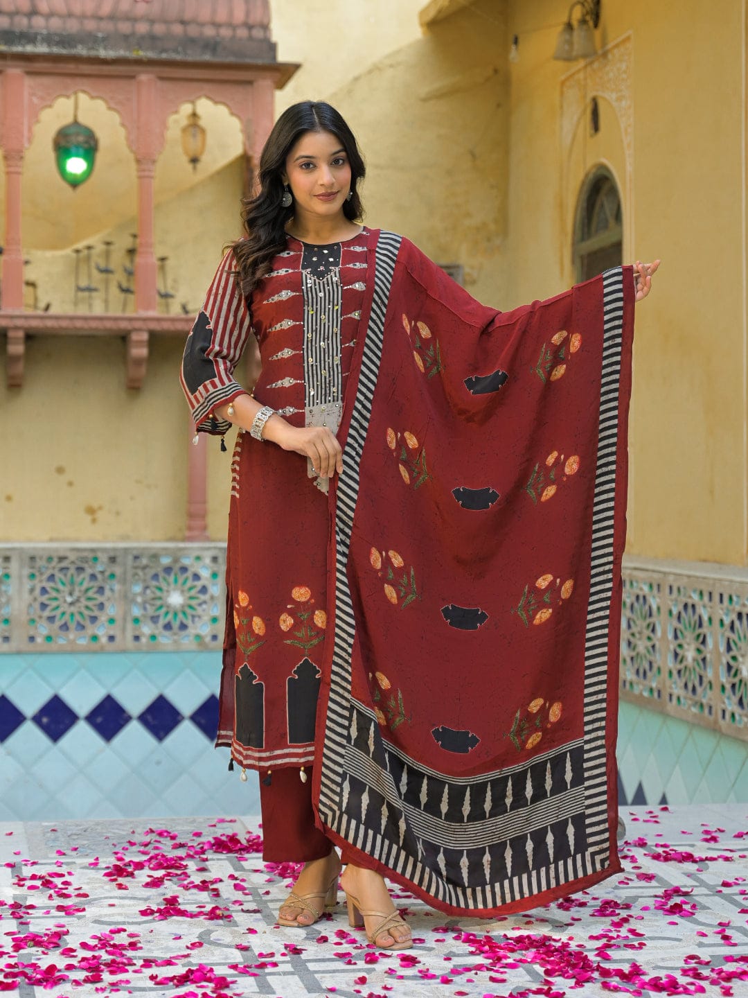 Maroon Straight-Fit Kurta Set with Mirror-Sequin Yoke, Seashell Tassels, Dupatta & Trousers
