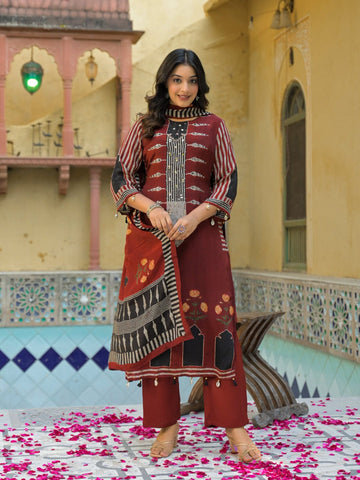 Maroon Straight-Fit Kurta Set with Mirror-Sequin Yoke, Seashell Tassels, Dupatta & Trousers