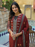 Maroon Straight-Fit Kurta Set with Mirror-Sequin Yoke, Seashell Tassels, Dupatta & Trousers