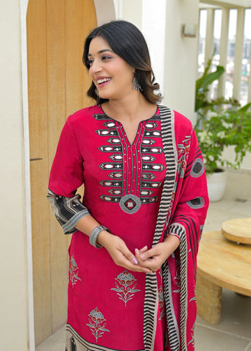 Stylish Fuchsia Straight-Fit Kurta Set with Embellished Yoke, Coordinating Dupatta & Trousers