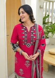 Stylish Fuchsia Straight-Fit Kurta Set with Embellished Yoke, Coordinating Dupatta & Trousers