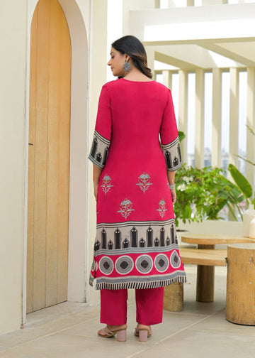 Stylish Fuchsia Straight-Fit Kurta Set with Embellished Yoke, Coordinating Dupatta & Trousers