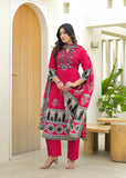 Stylish Fuchsia Straight-Fit Kurta Set with Embellished Yoke, Coordinating Dupatta & Trousers