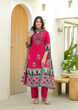Stylish Fuchsia Straight-Fit Kurta Set with Embellished Yoke, Coordinating Dupatta & Trousers