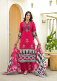 Stylish Fuchsia Straight-Fit Kurta Set with Embellished Yoke, Coordinating Dupatta & Trousers