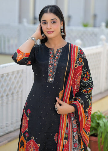 Stylish Black Straight-Fit Kurta Set with Ajarakh & Striped-Floral Print, Embellished Yoke, Dupatta & Trousers