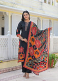 Stylish Black Straight-Fit Kurta Set with Ajarakh & Striped-Floral Print, Embellished Yoke, Dupatta & Trousers