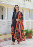 Stylish Black Straight-Fit Kurta Set with Ajarakh & Striped-Floral Print, Embellished Yoke, Dupatta & Trousers